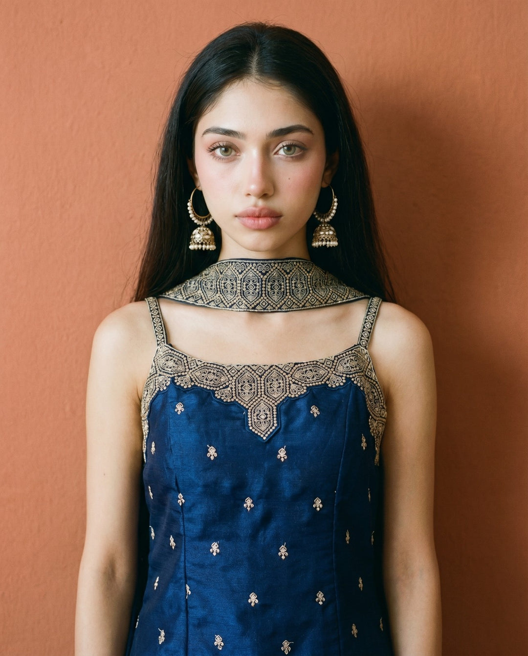 Navy Embroidered Silk Blended Spaghetti Strap Kurta Bottom Dupatta Set