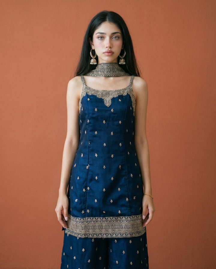 Navy Embroidered Silk Blended Spaghetti Strap Kurta Bottom Dupatta Set