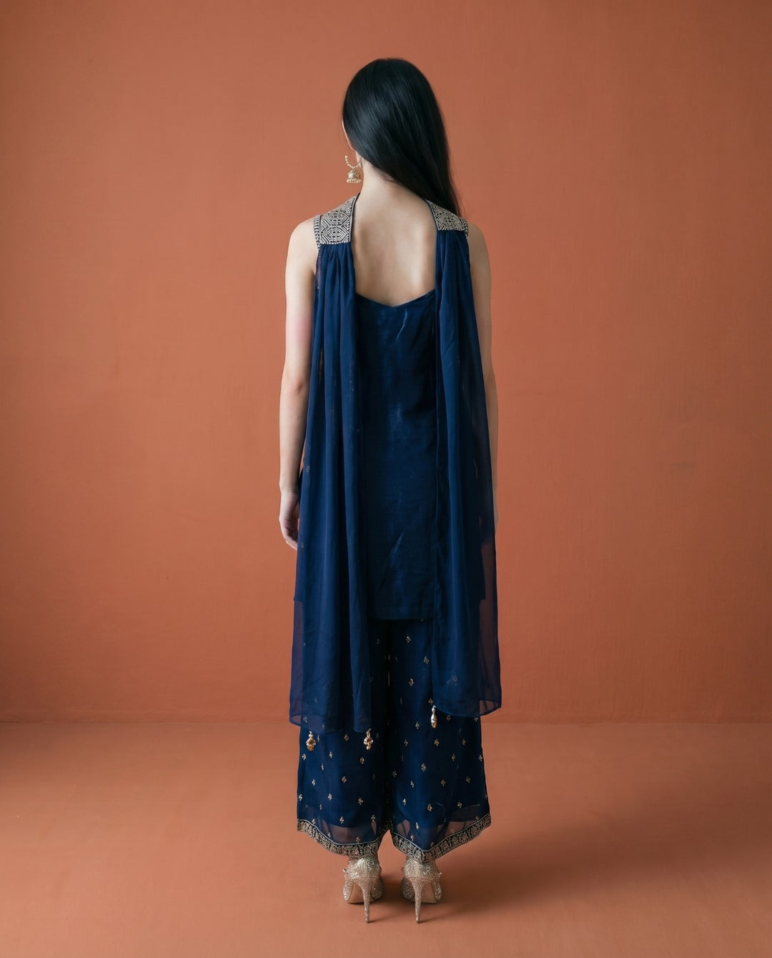 Navy Embroidered Silk Blended Spaghetti Strap Kurta Bottom Dupatta Set