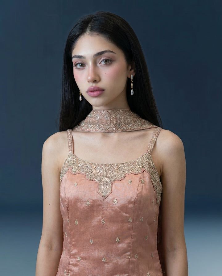 Peach Embroidered Silk Blended Spaghetti Strap Kurta Bottom Dupatta Set