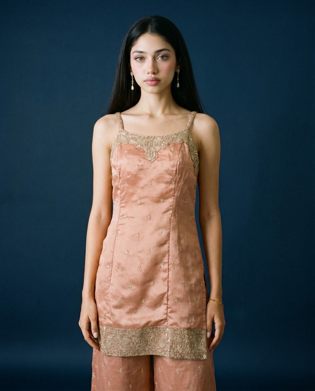 Peach Embroidered Silk Blended Spaghetti Strap Kurta Bottom Dupatta Set