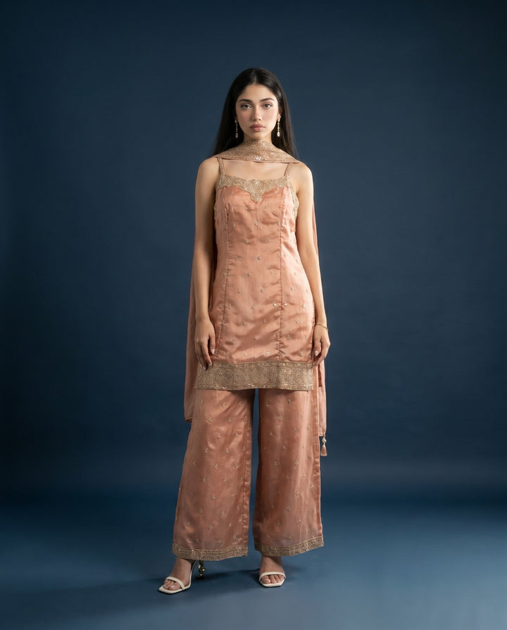 Peach Embroidered Silk Blended Spaghetti Strap Kurta Bottom Dupatta Set
