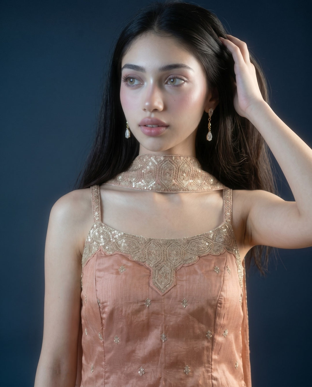 Peach Embroidered Silk Blended Spaghetti Strap Kurta Bottom Dupatta Set
