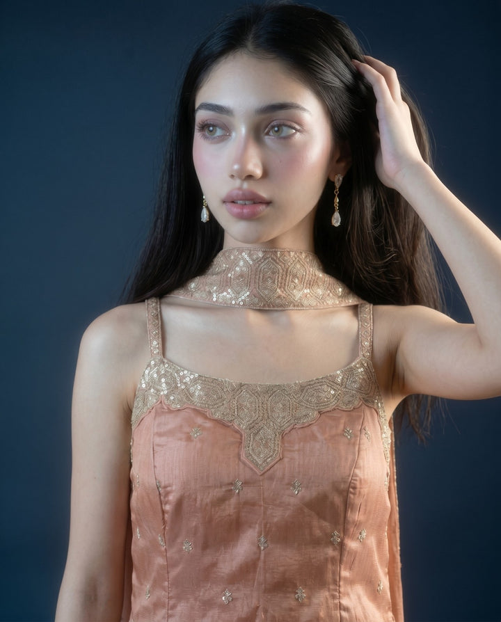 Peach Embroidered Silk Blended Spaghetti Strap Kurta Bottom Dupatta Set