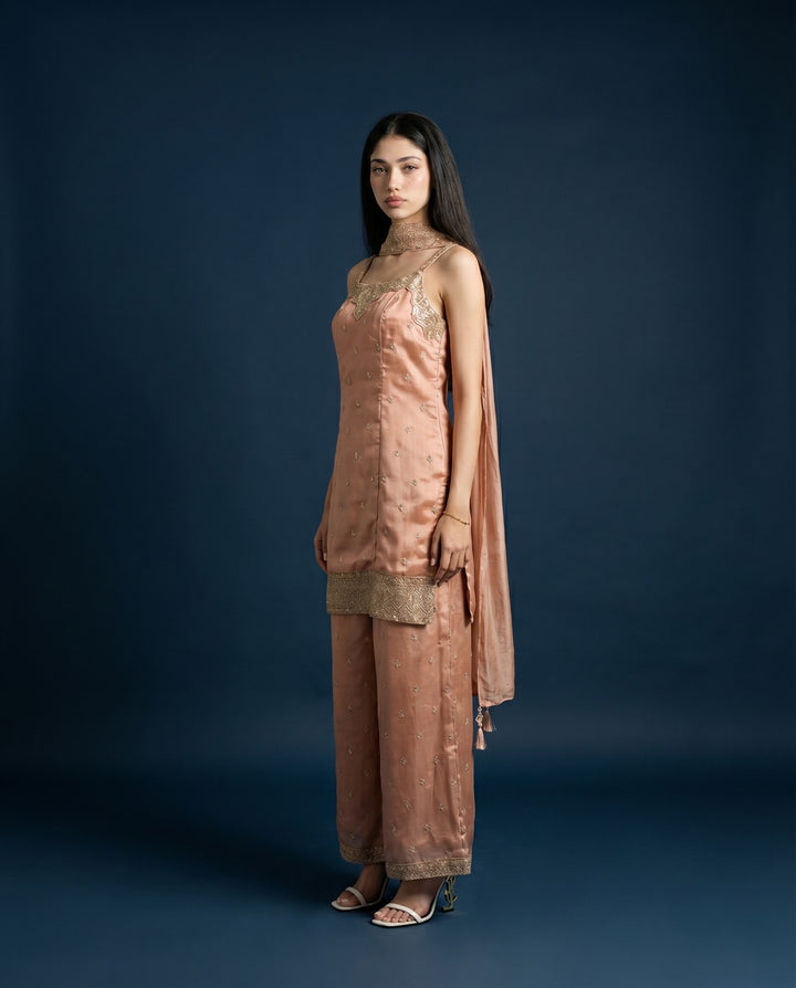 Peach Embroidered Silk Blended Spaghetti Strap Kurta Bottom Dupatta Set