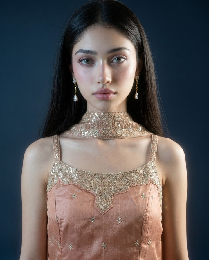 Peach Embroidered Silk Blended Spaghetti Strap Kurta Bottom Dupatta Set