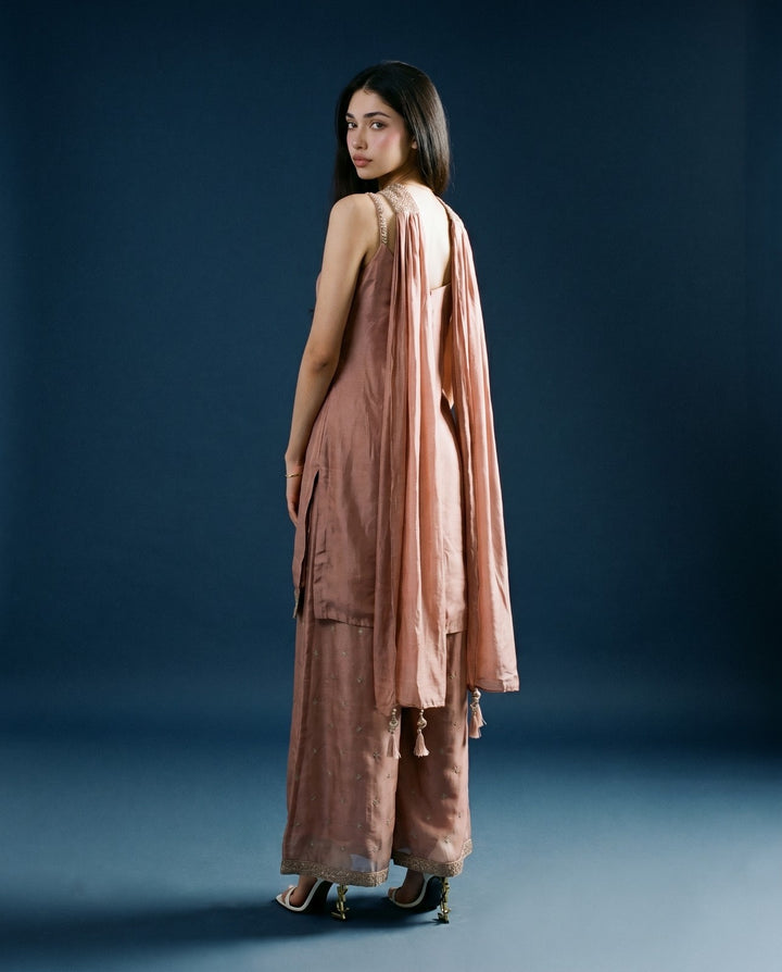 Peach Embroidered Silk Blended Spaghetti Strap Kurta Bottom Dupatta Set