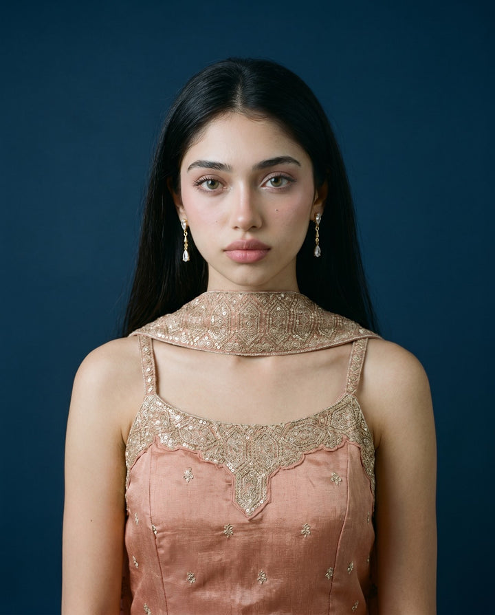 Peach Embroidered Silk Blended Spaghetti Strap Kurta Bottom Dupatta Set