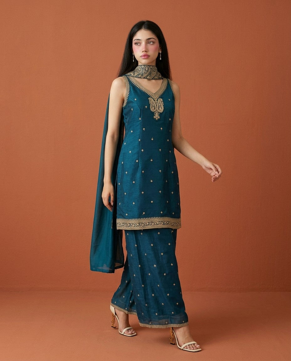 Navy Embriodered Silk Blended Sleeveless Kurta Bottom Dupatta Set