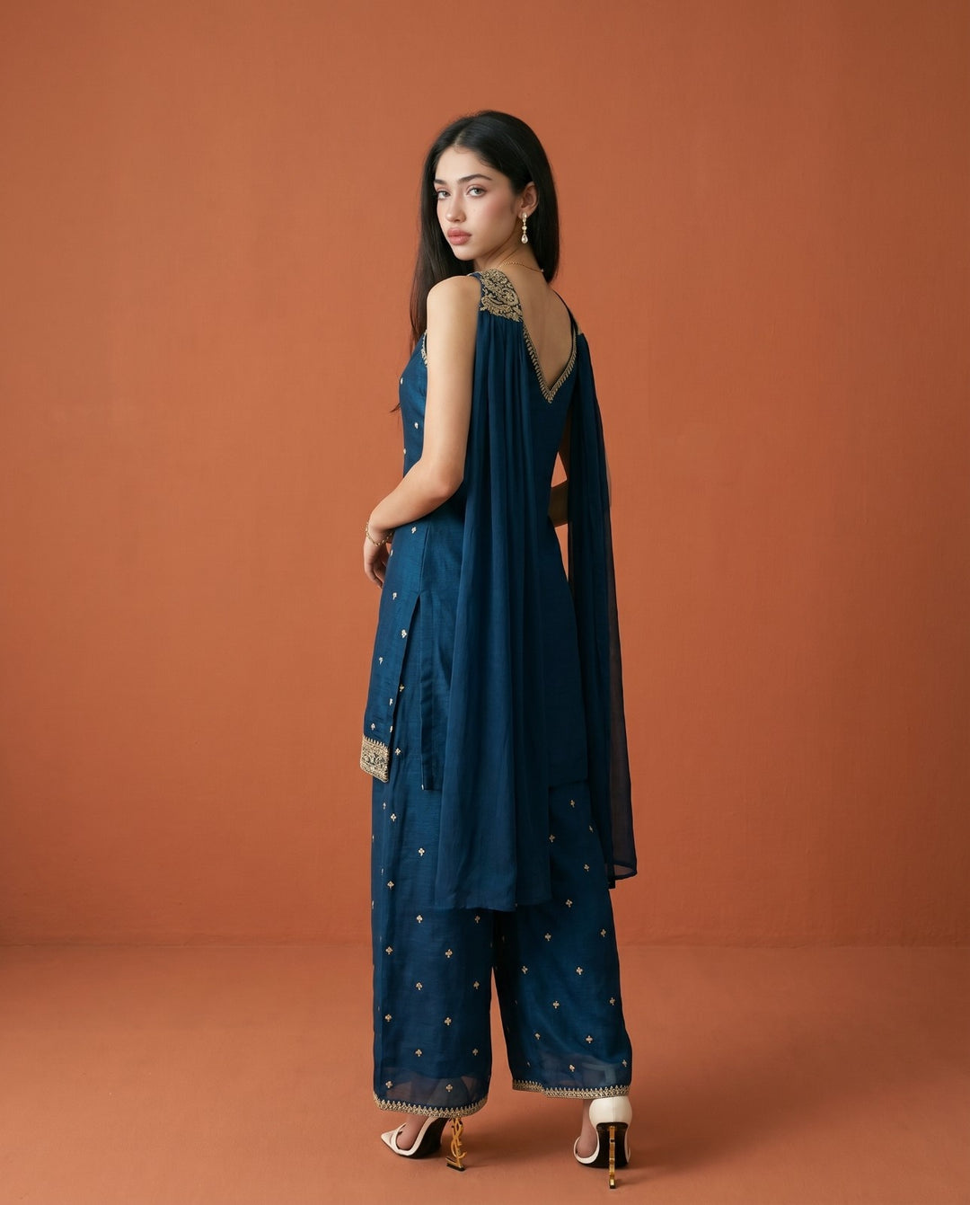 Navy Embriodered Silk Blended Sleeveless Kurta Bottom Dupatta Set