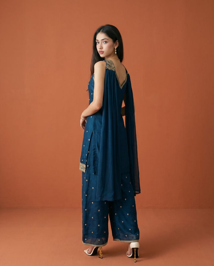 Navy Embriodered Silk Blended Sleeveless Kurta Bottom Dupatta Set