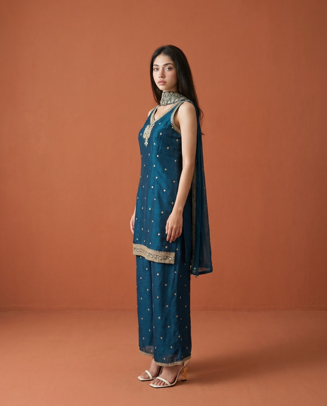 Navy Embriodered Silk Blended Sleeveless Kurta Bottom Dupatta Set