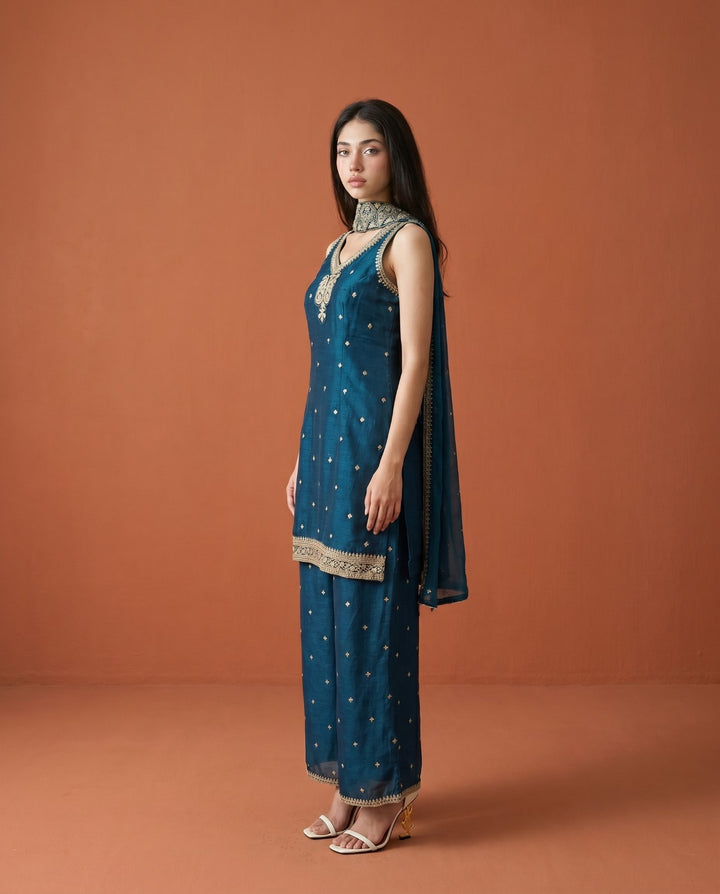 Navy Embriodered Silk Blended Sleeveless Kurta Bottom Dupatta Set