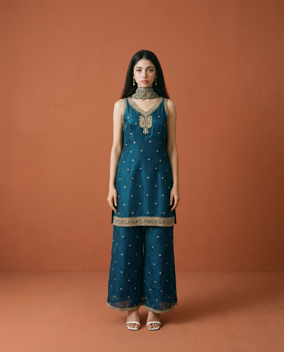 Navy Embriodered Silk Blended Sleeveless Kurta Bottom Dupatta Set