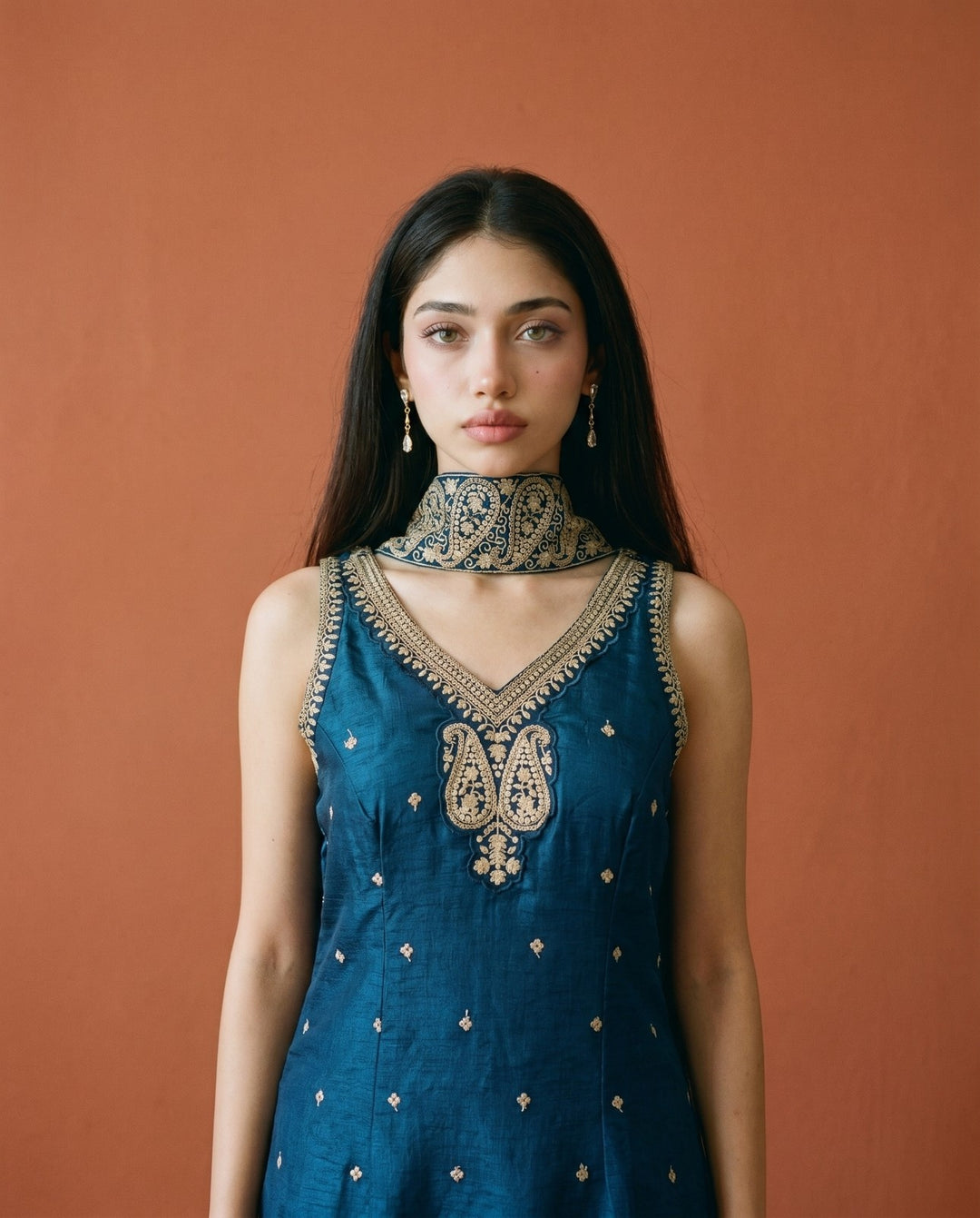 Navy Embriodered Silk Blended Sleeveless Kurta Bottom Dupatta Set