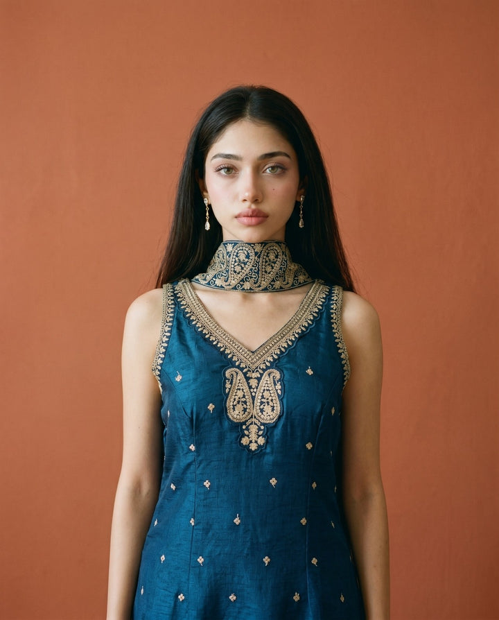 Navy Embriodered Silk Blended Sleeveless Kurta Bottom Dupatta Set