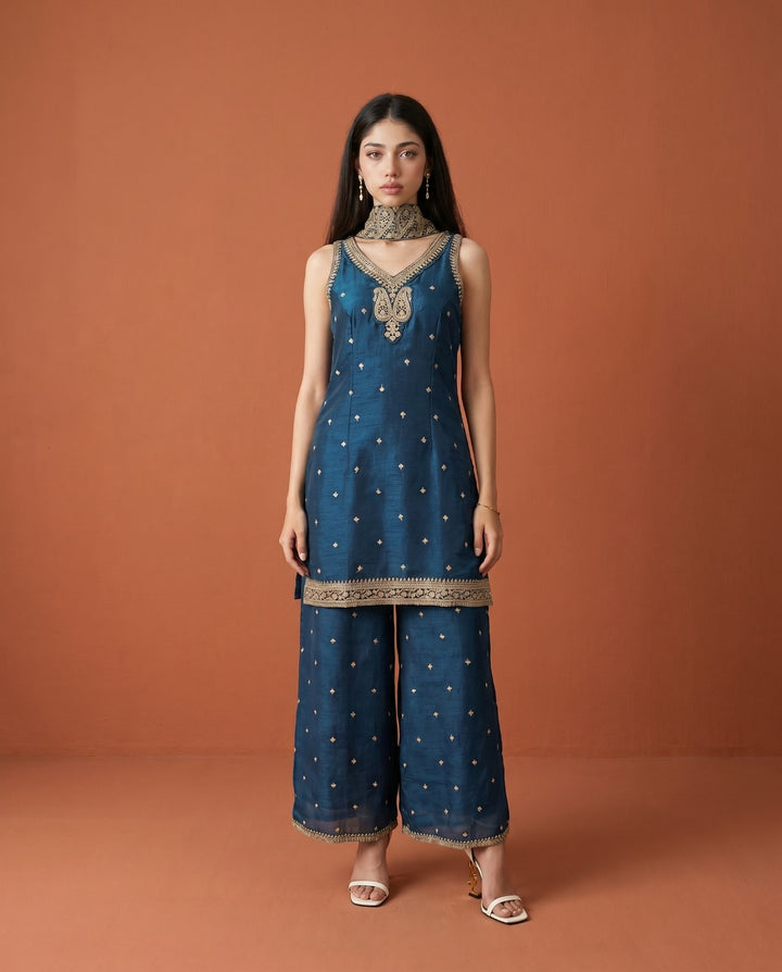 Navy Embriodered Silk Blended Sleeveless Kurta Bottom Dupatta Set