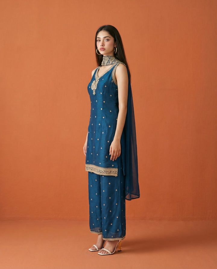 Navy Embriodered Silk Blended Sleeveless Kurta Bottom Dupatta Set