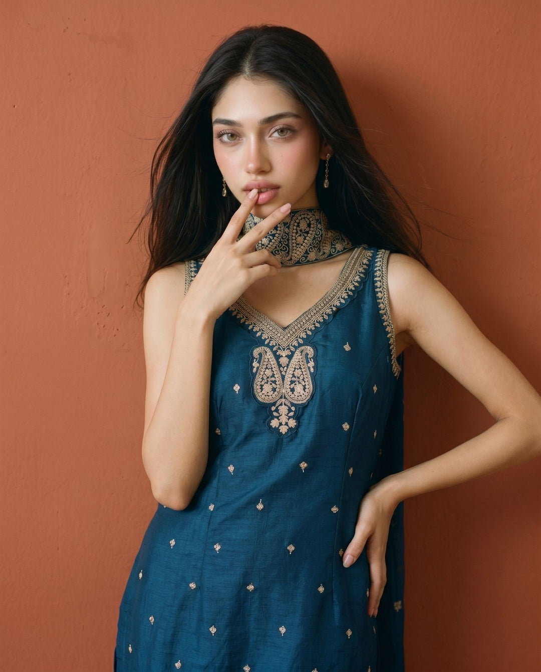 Navy Embriodered Silk Blended Sleeveless Kurta Bottom Dupatta Set