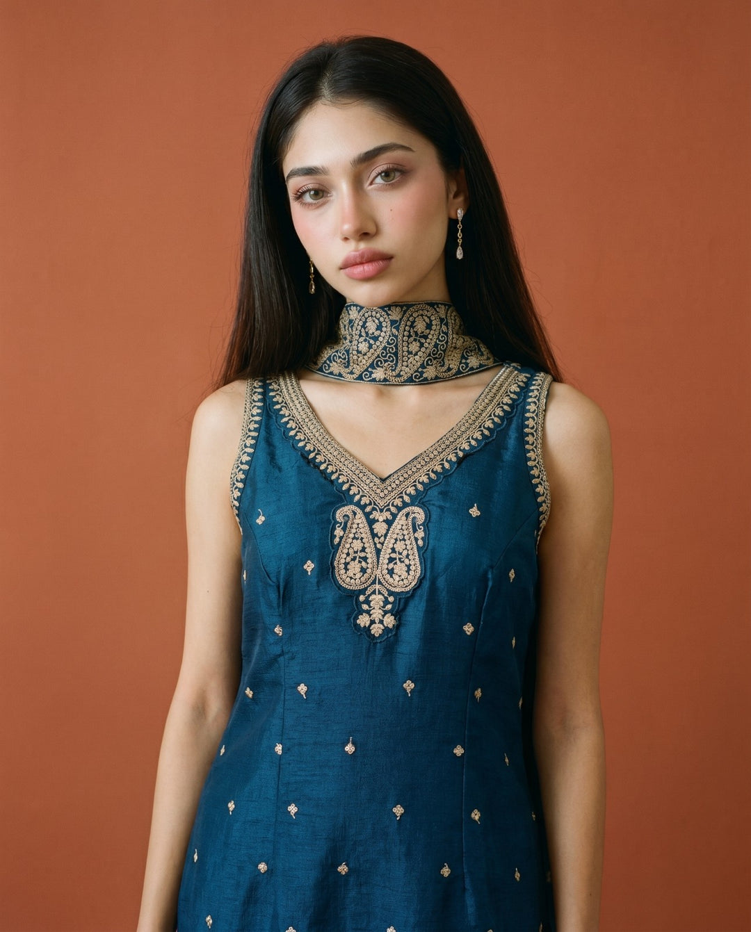 Navy Embriodered Silk Blended Sleeveless Kurta Bottom Dupatta Set