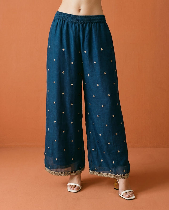 Navy Embriodered Silk Blended Sleeveless Kurta Bottom Dupatta Set