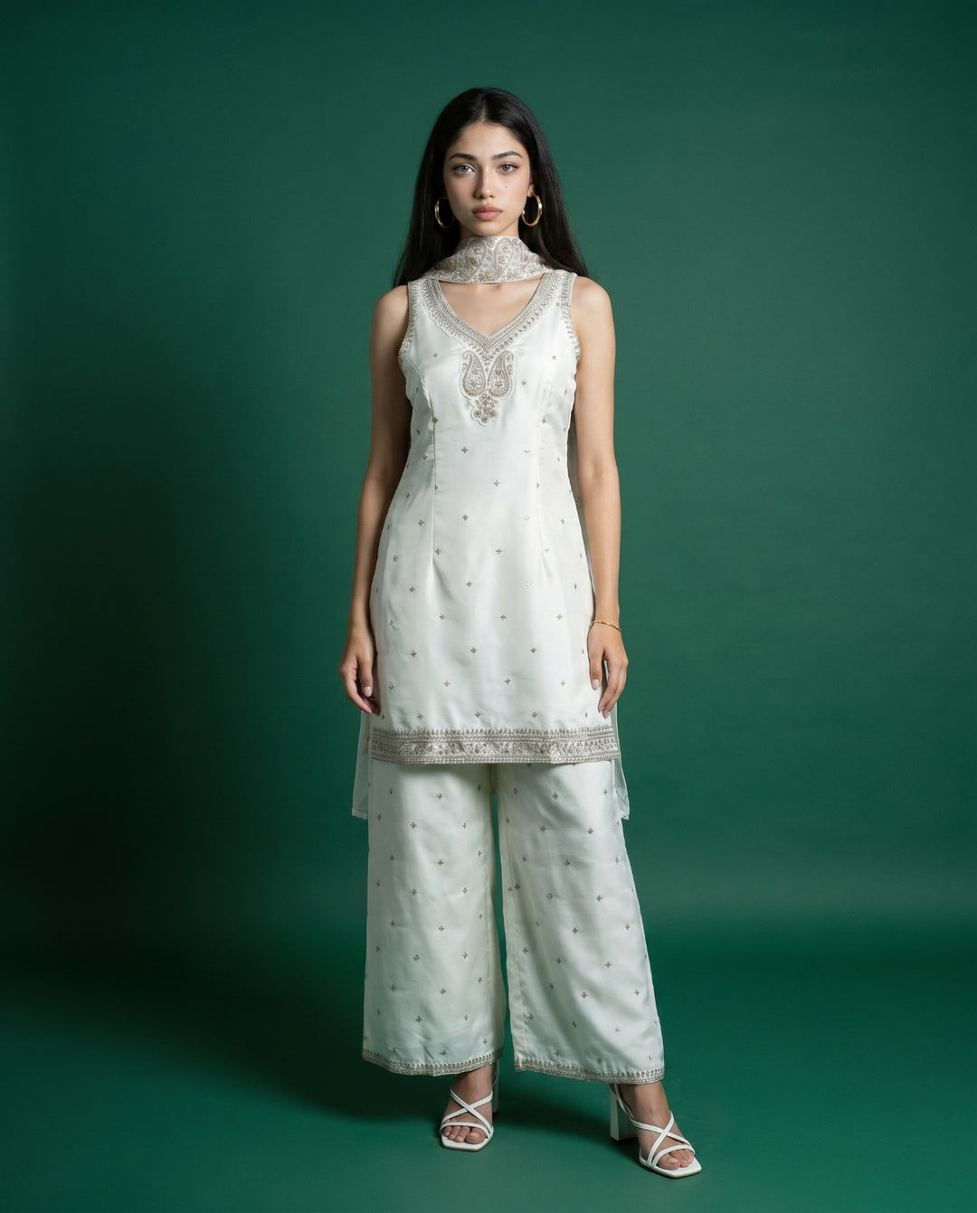 White Embroidered Silk Blended Spaghetti Strap Kurta Bottom Dupatta Set