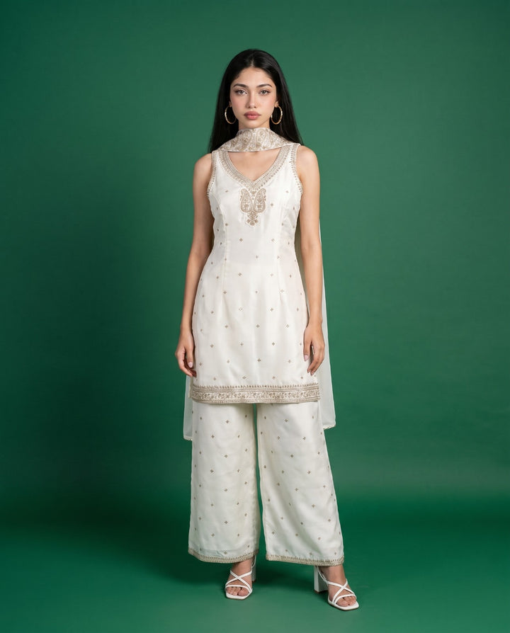 White Embroidered Silk Blended Spaghetti Strap Kurta Bottom Dupatta Set