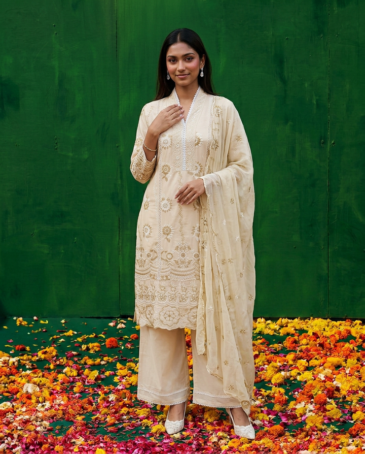 Beige Embriodered cotton Kurta Bottom Dupatta Set