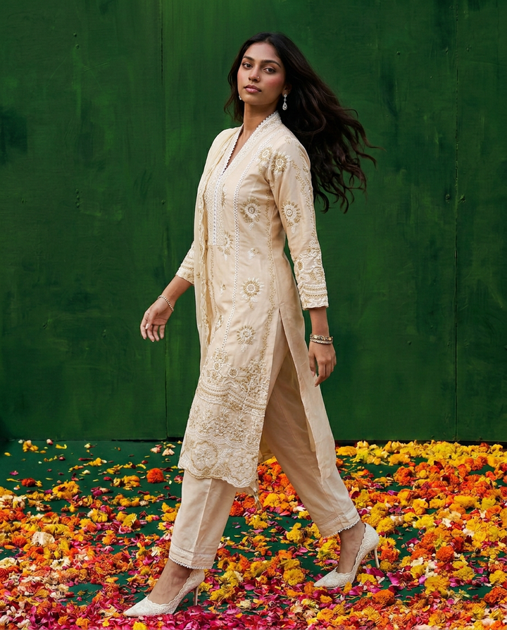 Beige Embriodered cotton Kurta Bottom Dupatta Set