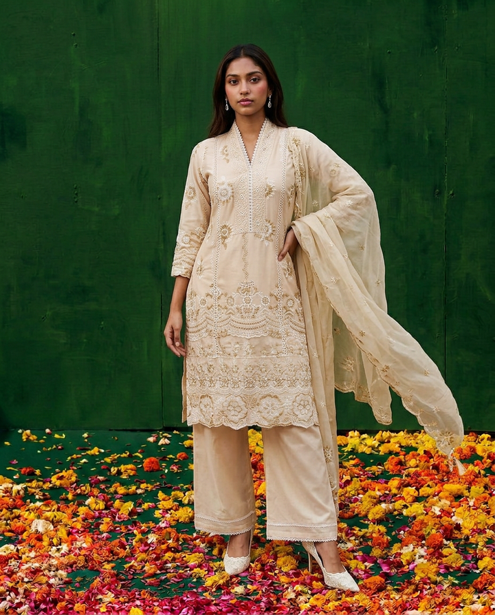 Beige Embriodered cotton Kurta Bottom Dupatta Set