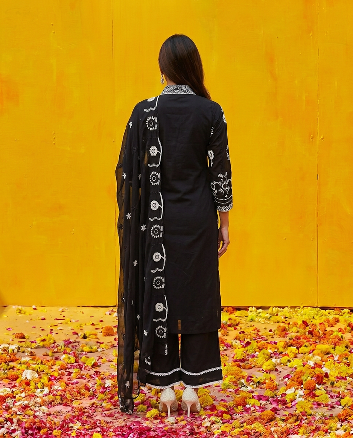 Black Embriodered cotton Kurta Bottom Dupatta Set