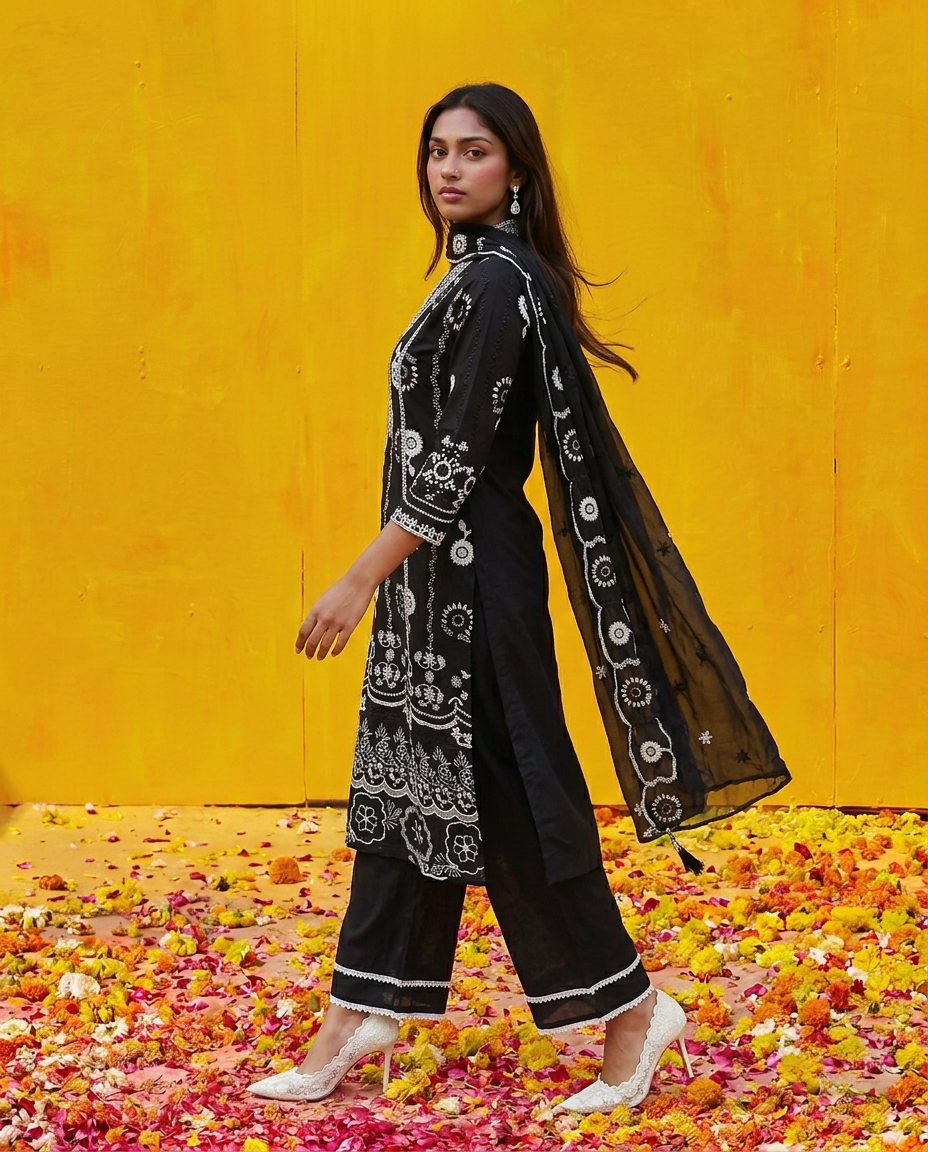 Black Embriodered cotton Kurta Bottom Dupatta Set