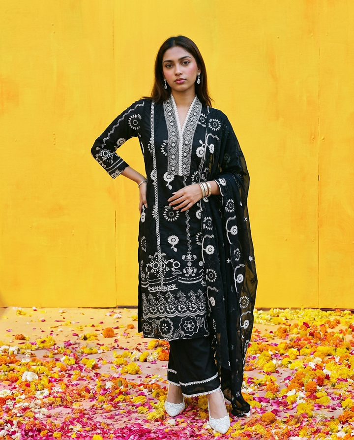 Black Embriodered cotton Kurta Bottom Dupatta Set