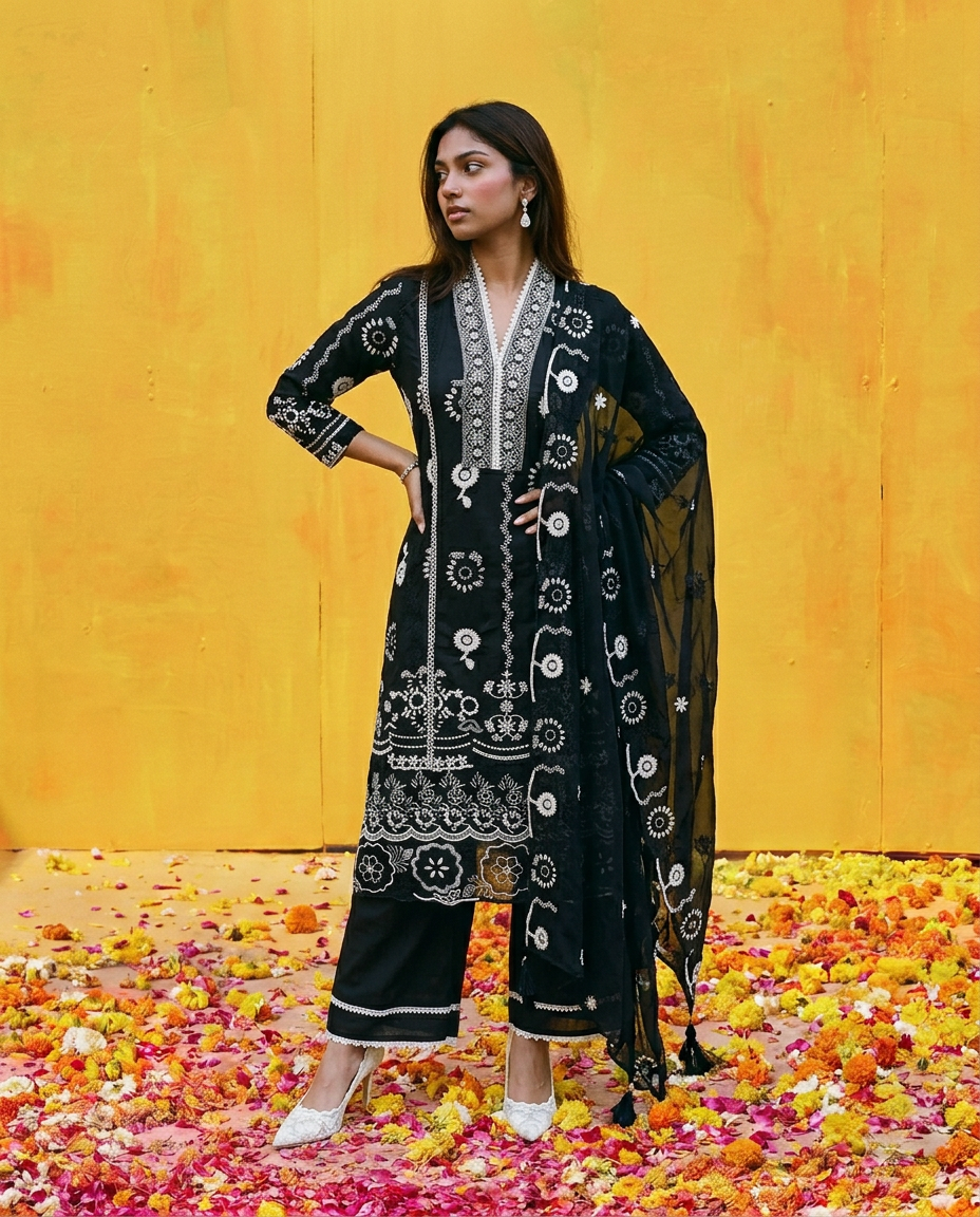 Black Embriodered cotton Kurta Bottom Dupatta Set