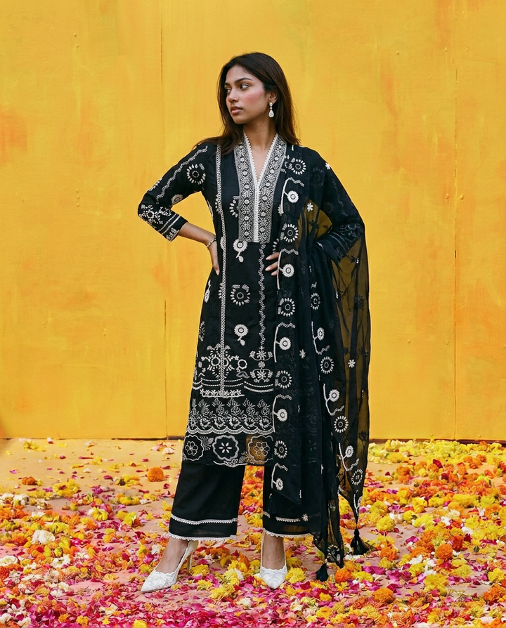 Black Embriodered cotton Kurta Bottom Dupatta Set