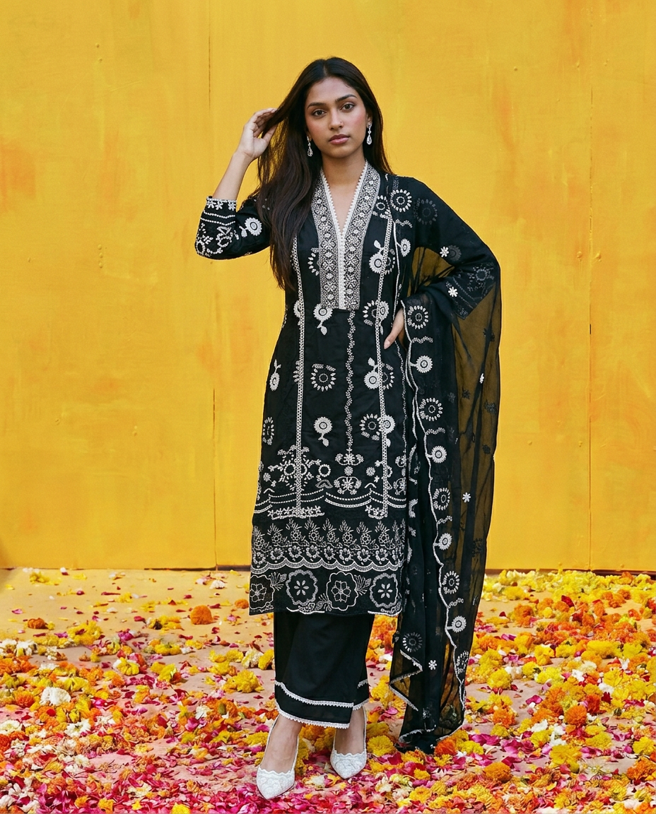 Black Embriodered cotton Kurta Bottom Dupatta Set