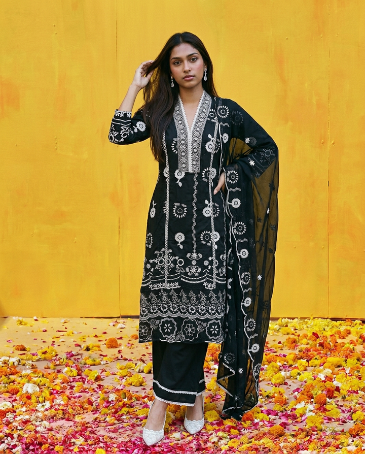 Black Embriodered cotton Kurta Bottom Dupatta Set