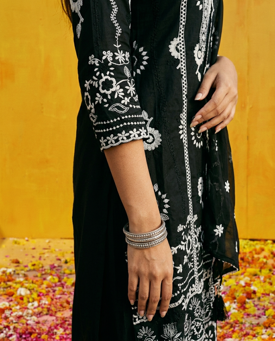 Black Embriodered cotton Kurta Bottom Dupatta Set