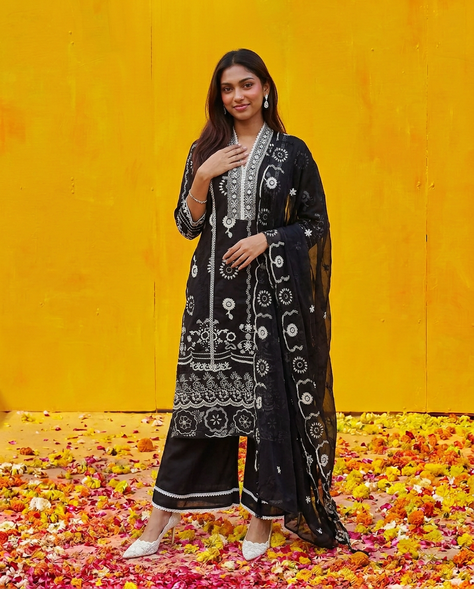 Black Embriodered cotton Kurta Bottom Dupatta Set