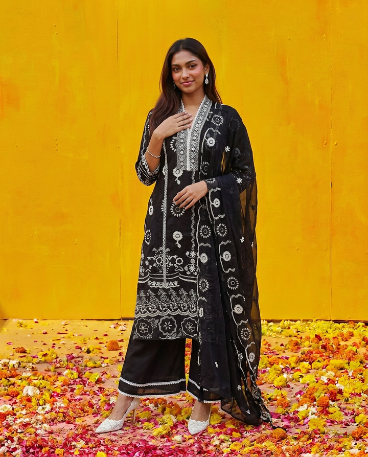 Black Embriodered cotton Kurta Bottom Dupatta Set