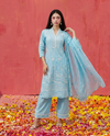 Blue Embroidered cotton Kurta Bottom Dupatta Set