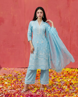 Blue Embroidered cotton Kurta Bottom Dupatta Set