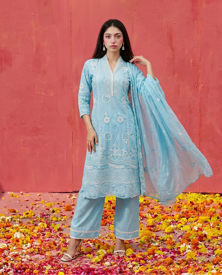 Blue Embroidered cotton Kurta Bottom Dupatta Set