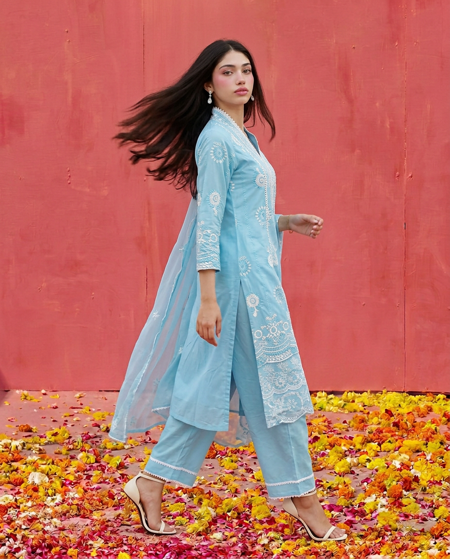 Blue Embroidered cotton Kurta Bottom Dupatta Set