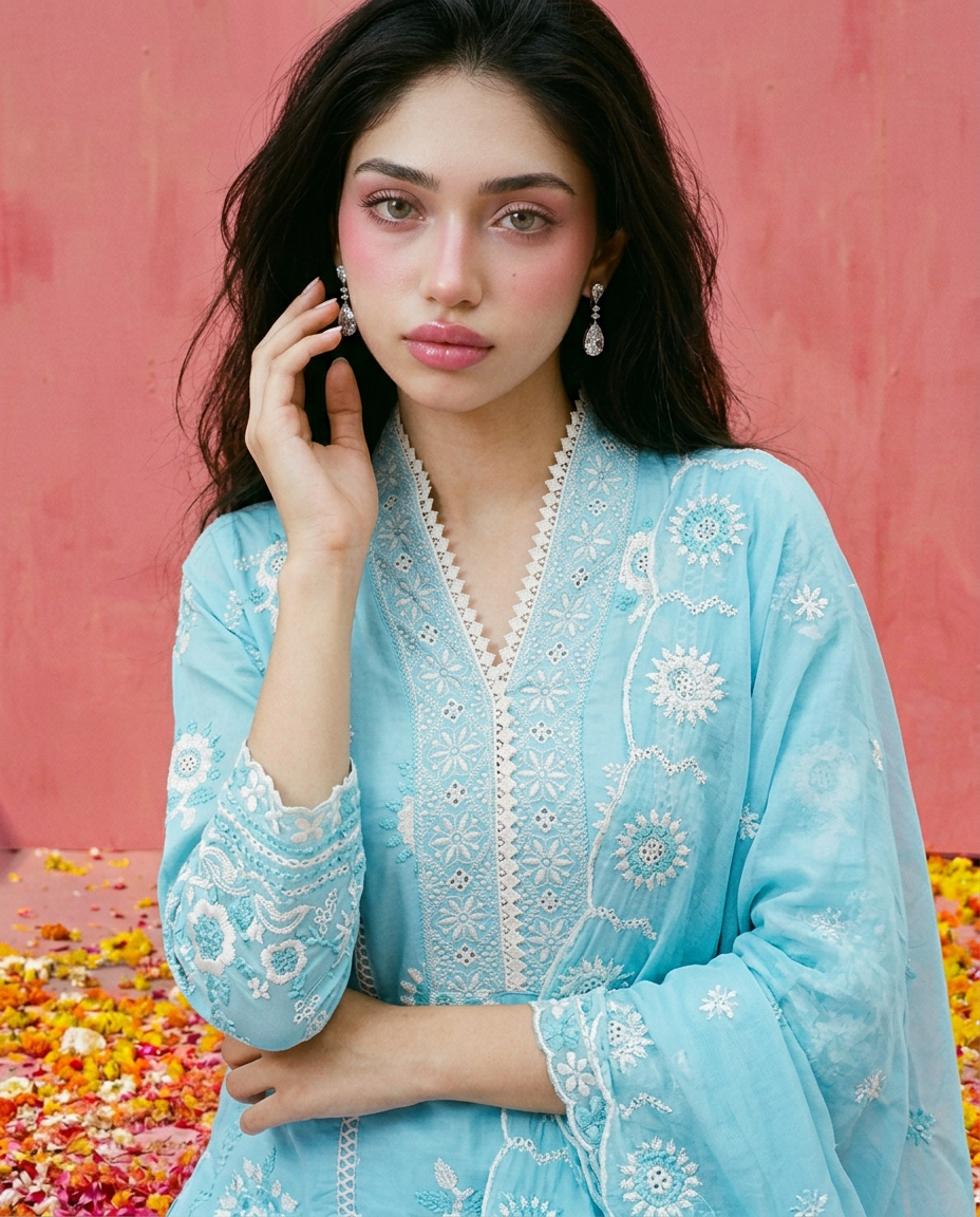 Blue Embroidered cotton Kurta Bottom Dupatta Set