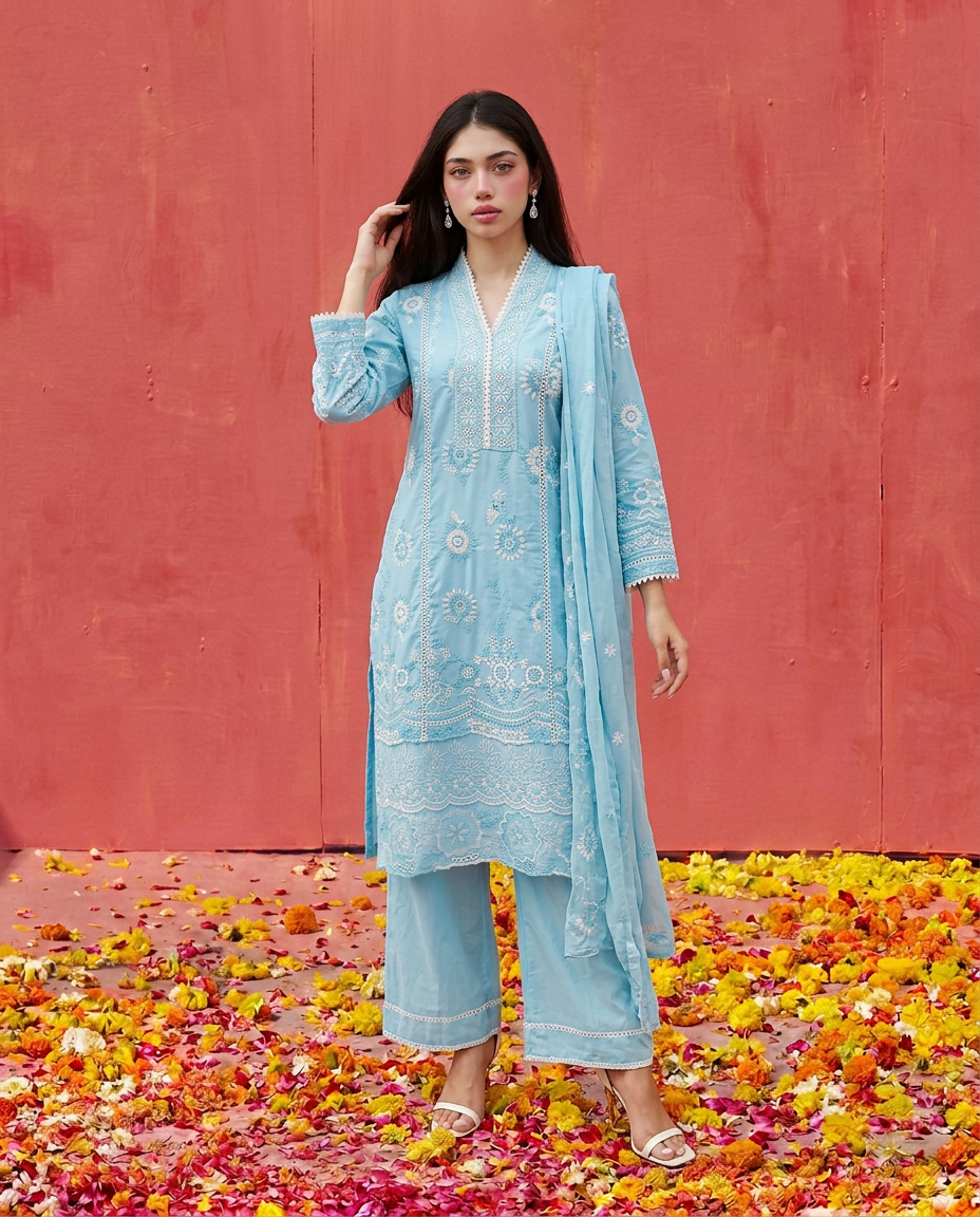 Blue Embroidered cotton Kurta Bottom Dupatta Set
