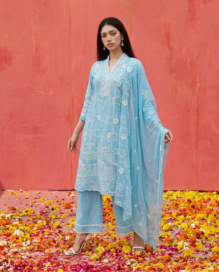 Blue Embroidered cotton Kurta Bottom Dupatta Set