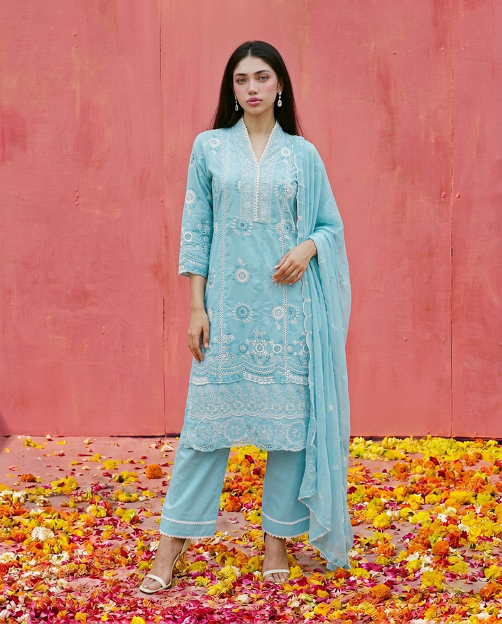 Blue Embroidered cotton Kurta Bottom Dupatta Set