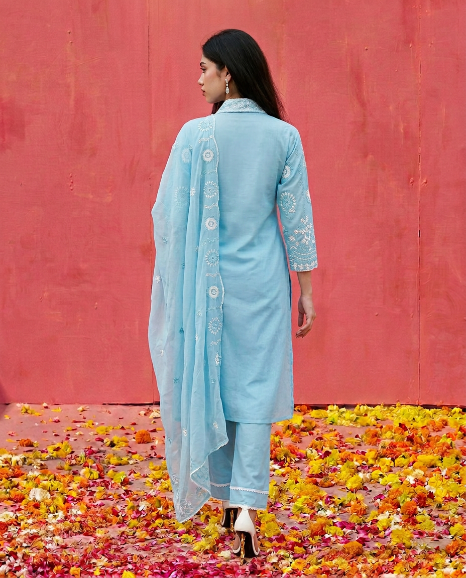 Blue Embroidered cotton Kurta Bottom Dupatta Set