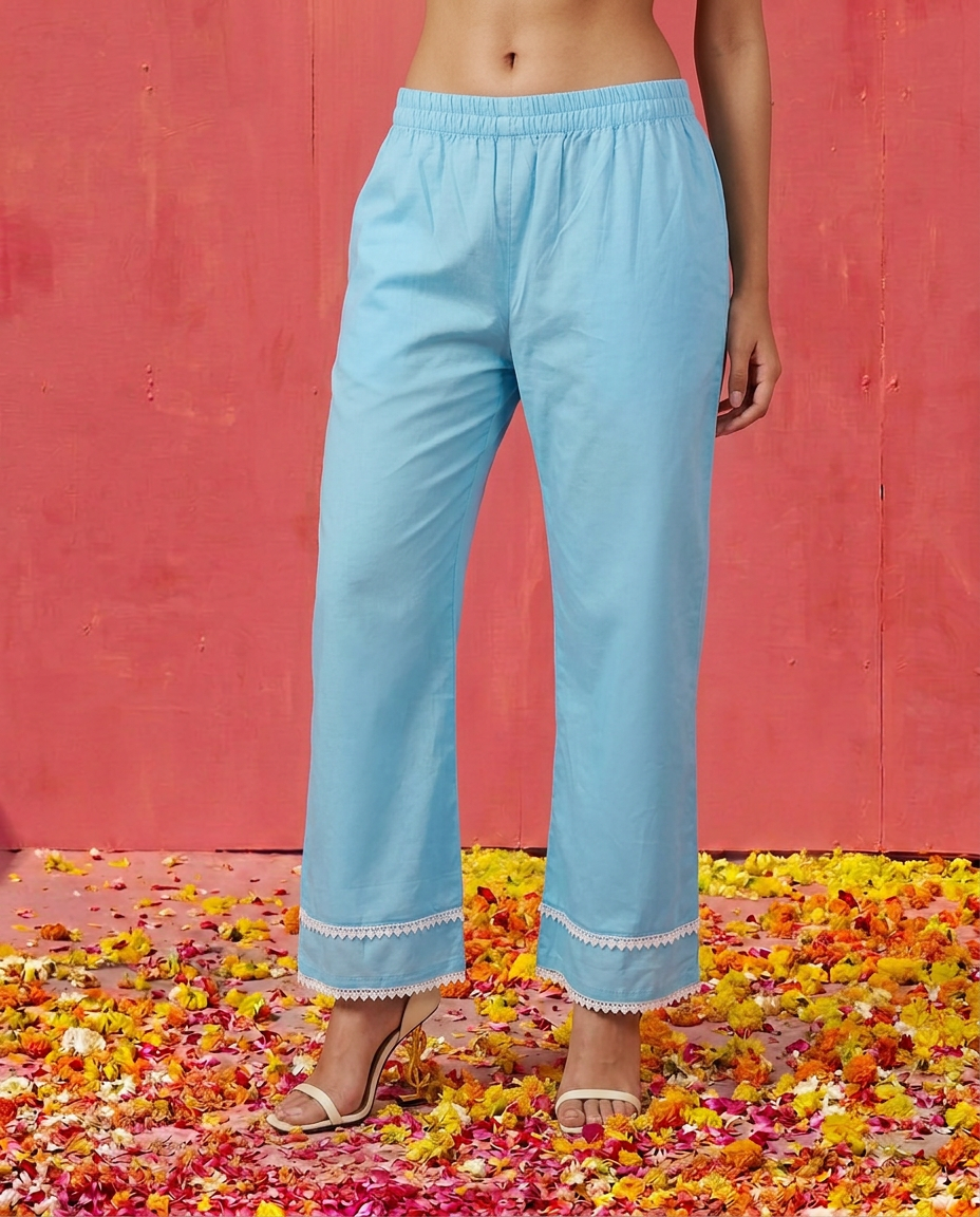 Blue Embroidered cotton Kurta Bottom Dupatta Set